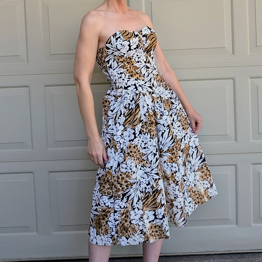 1980's VINTAGE STRAPLESS DRESS jungle print S